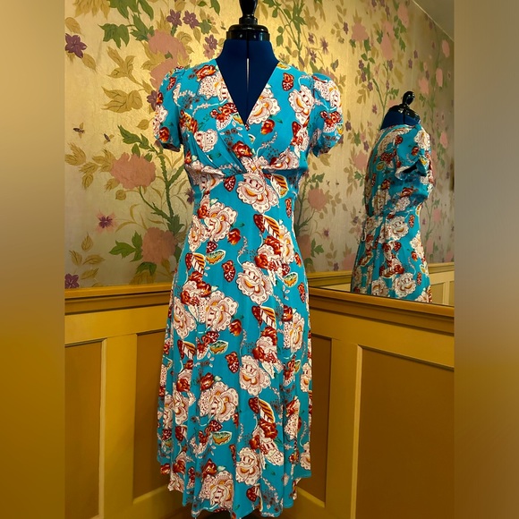 Loco Lindo Blue Spanish Floral Rita Dress XS NWOT - Picture 1 of 4